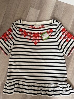 kate spade Black & White Striped Top with Red Floral Embroidery